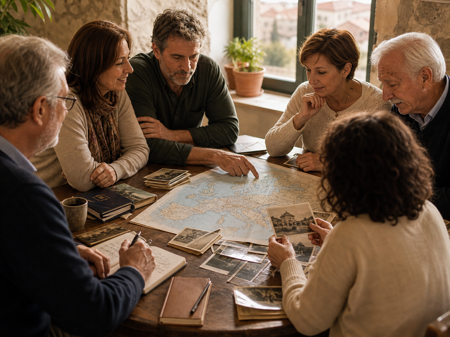 Grupo planificando un viaje de raíces sobre un mapa de Europa